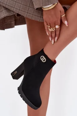 Best Ocieplane Botki Damskie Na Słupku Z Ozdobnym Detalem Czarne Vessara Damskie Botki Ocieplane|Botki Na Słupku