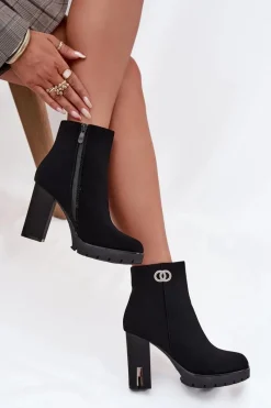 Best Ocieplane Botki Damskie Na Słupku Z Ozdobnym Detalem Czarne Vessara Damskie Botki Ocieplane|Botki Na Słupku