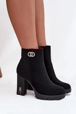 Best Ocieplane Botki Damskie Na Słupku Z Ozdobnym Detalem Czarne Vessara Damskie Botki Ocieplane|Botki Na Słupku