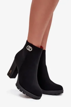 Best Ocieplane Botki Damskie Na Słupku Z Ozdobnym Detalem Czarne Vessara Damskie Botki Ocieplane|Botki Na Słupku