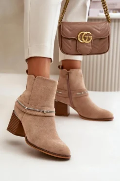 Boto Ocieplane Botki Damskie Na Słupku Z Łańcuszkiem Eko Zamszowe Beżowe Hanalen