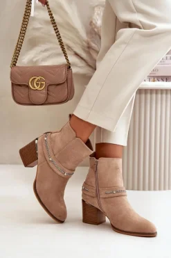 Boto Ocieplane Botki Damskie Na Słupku Z Łańcuszkiem Eko Zamszowe Beżowe Hanalen