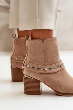 Boto Ocieplane Botki Damskie Na Słupku Z Łańcuszkiem Eko Zamszowe Beżowe Hanalen
