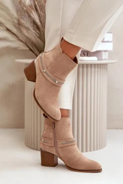Boto Ocieplane Botki Damskie Na Słupku Z Łańcuszkiem Eko Zamszowe Beżowe Hanalen
