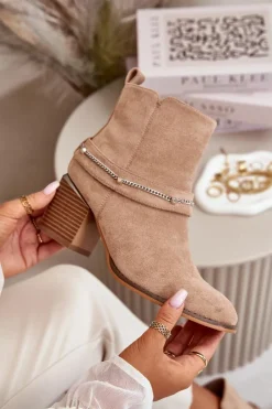 Boto Ocieplane Botki Damskie Na Słupku Z Łańcuszkiem Eko Zamszowe Beżowe Hanalen