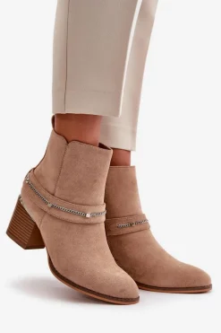 Boto Ocieplane Botki Damskie Na Słupku Z Łańcuszkiem Eko Zamszowe Beżowe Hanalen