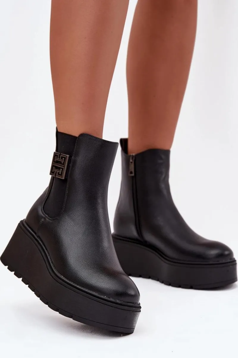 Botki Ocieplane|Botki Skórzane>Buty damskie Vinceza Ocieplane Botki Damskie Na Koturnie Z Ozdobnym Detalem Vinceza 58551 Czarne