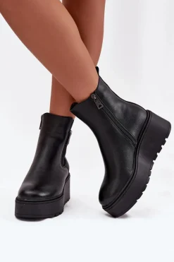 Botki Ocieplane|Botki Skórzane>Buty damskie Vinceza Ocieplane Botki Damskie Na Koturnie Z Ozdobnym Detalem Vinceza 58551 Czarne