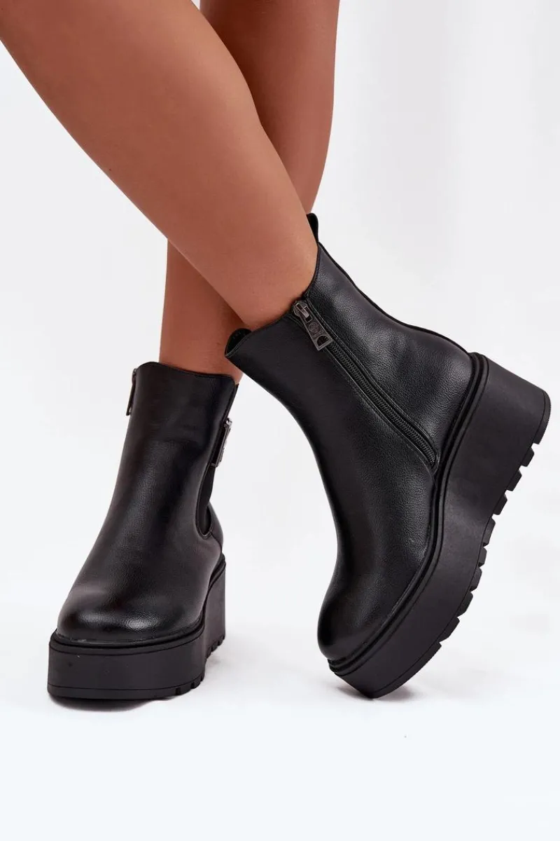 Botki Ocieplane|Botki Skórzane>Buty damskie Vinceza Ocieplane Botki Damskie Na Koturnie Z Ozdobnym Detalem Vinceza 58551 Czarne