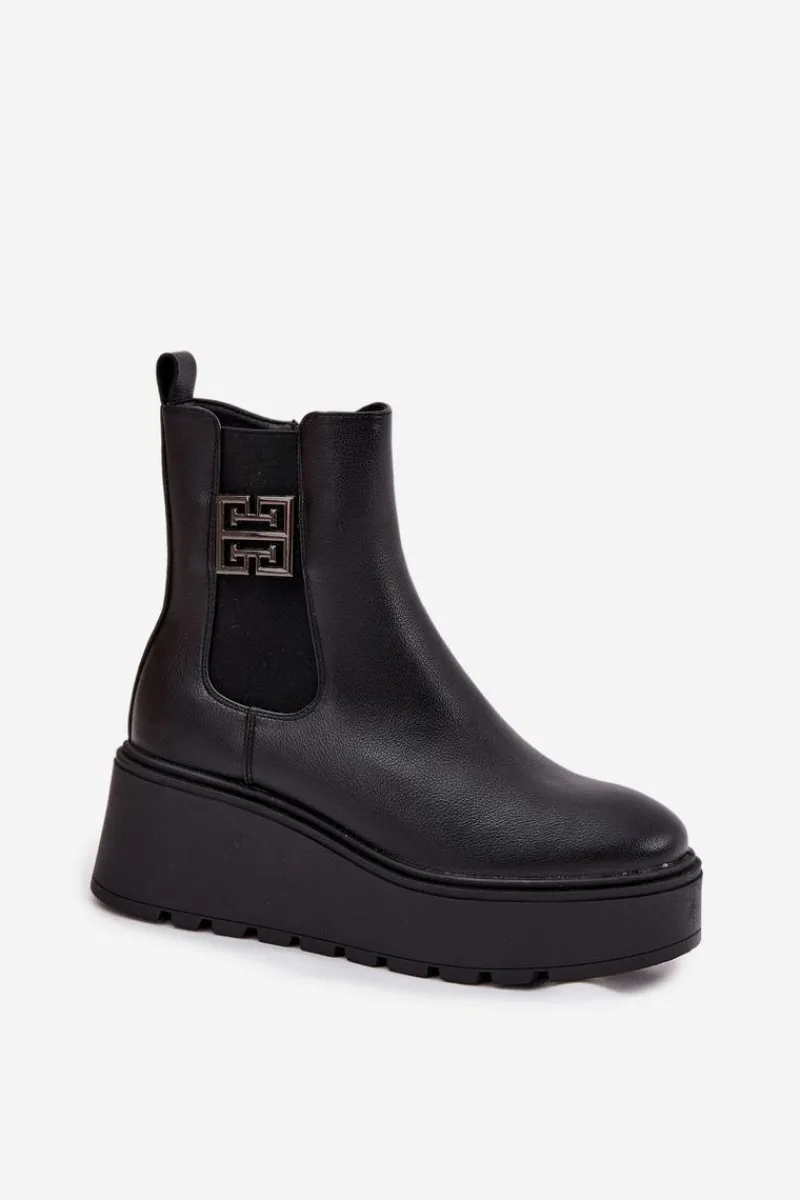 Botki Ocieplane|Botki Skórzane>Buty damskie Vinceza Ocieplane Botki Damskie Na Koturnie Z Ozdobnym Detalem Vinceza 58551 Czarne