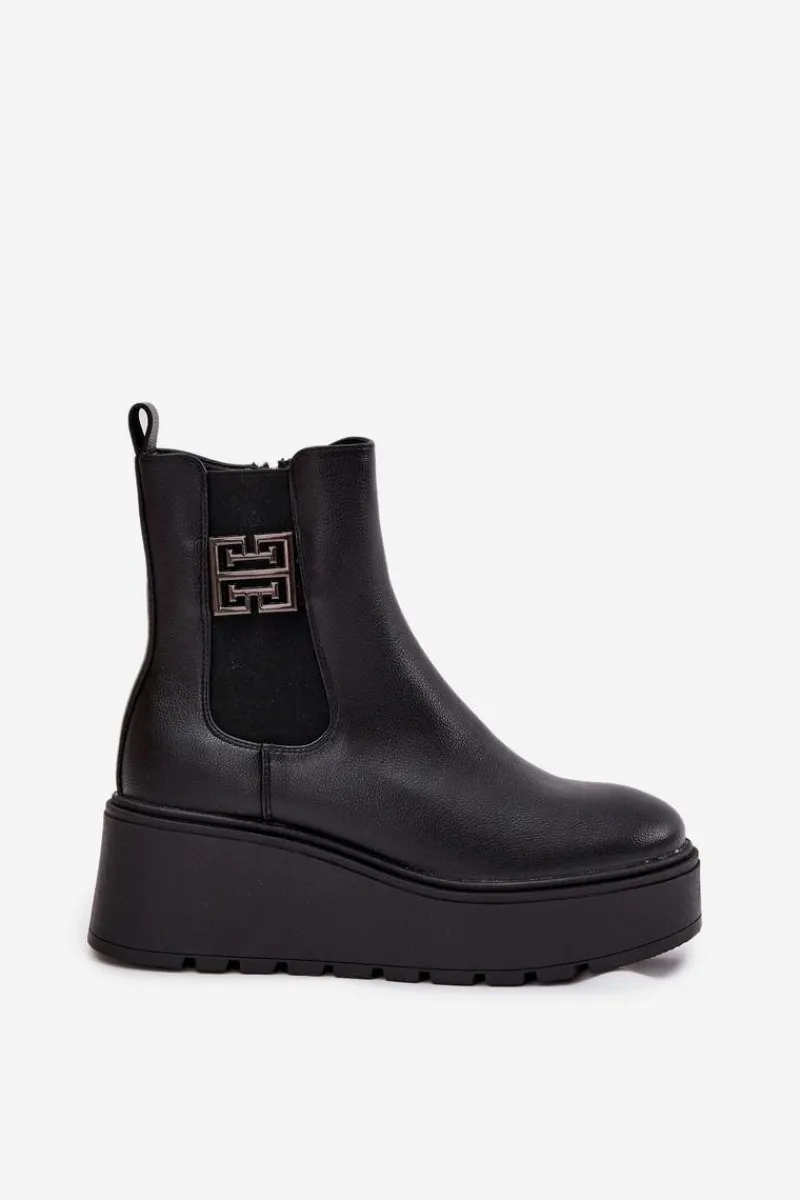 Botki Ocieplane|Botki Skórzane>Buty damskie Vinceza Ocieplane Botki Damskie Na Koturnie Z Ozdobnym Detalem Vinceza 58551 Czarne