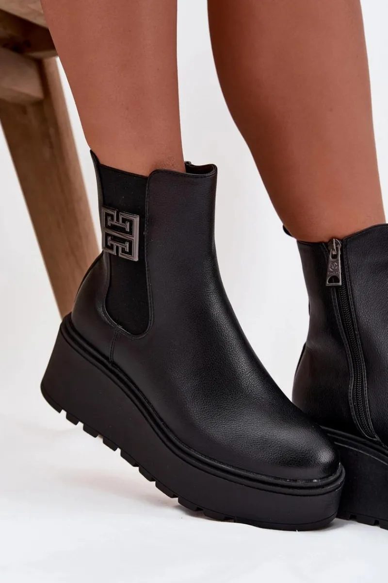 Botki Ocieplane|Botki Skórzane>Buty damskie Vinceza Ocieplane Botki Damskie Na Koturnie Z Ozdobnym Detalem Vinceza 58551 Czarne