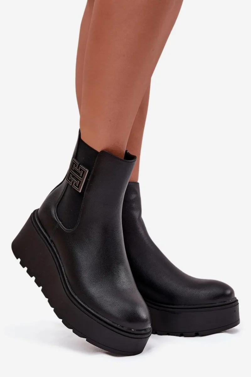 Botki Ocieplane|Botki Skórzane>Buty damskie Vinceza Ocieplane Botki Damskie Na Koturnie Z Ozdobnym Detalem Vinceza 58551 Czarne