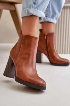 Sale Ocieplane Botki Damskie Na Słupku Eko Skórzane Brązowe Teresine Damskie Czarne Botki|Brązowe I Beżowe Botki