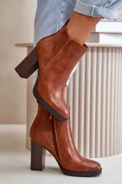 Sale Ocieplane Botki Damskie Na Słupku Eko Skórzane Brązowe Teresine Damskie Czarne Botki|Brązowe I Beżowe Botki