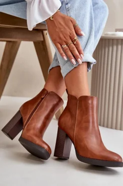 Sale Ocieplane Botki Damskie Na Słupku Eko Skórzane Brązowe Teresine Damskie Czarne Botki|Brązowe I Beżowe Botki