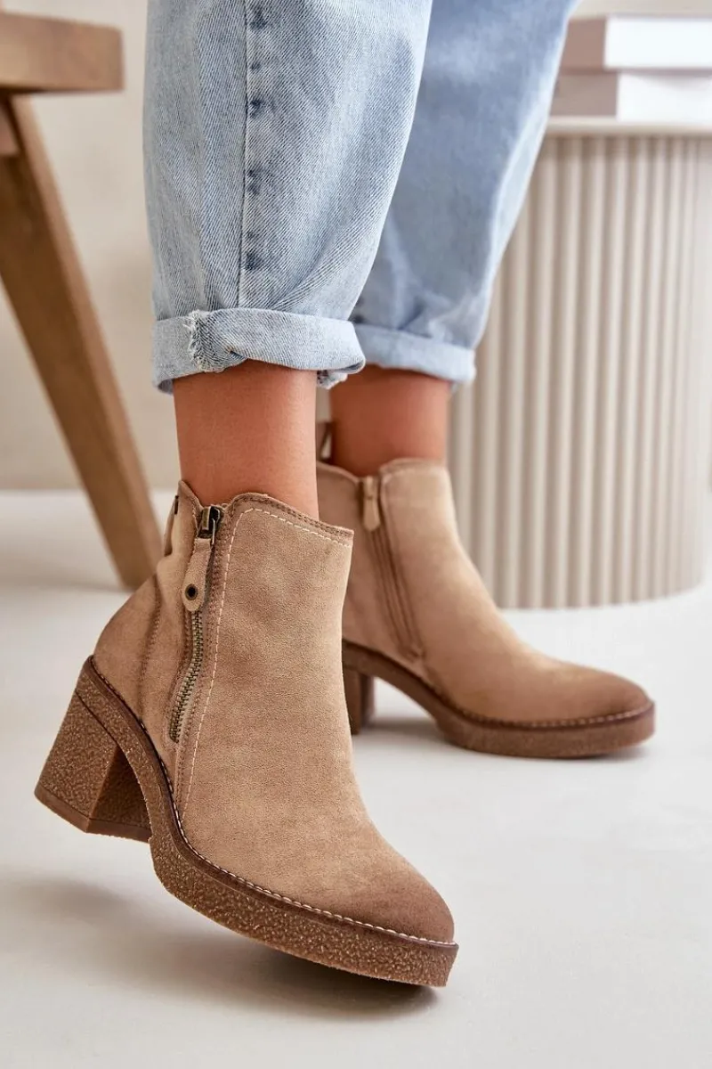 Hot Ocieplane Botki Damskie Na Słupku Z Eko Zamszu Beżowe Velarilla Damskie Botki Ocieplane|Brązowe I Beżowe Botki