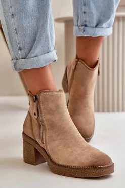 Hot Ocieplane Botki Damskie Na Słupku Z Eko Zamszu Beżowe Velarilla Damskie Botki Ocieplane|Brązowe I Beżowe Botki