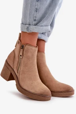 Hot Ocieplane Botki Damskie Na Słupku Z Eko Zamszu Beżowe Velarilla Damskie Botki Ocieplane|Brązowe I Beżowe Botki
