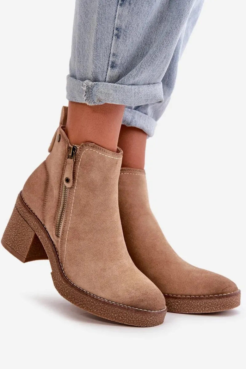 Hot Ocieplane Botki Damskie Na Słupku Z Eko Zamszu Beżowe Velarilla Damskie Botki Ocieplane|Brązowe I Beżowe Botki