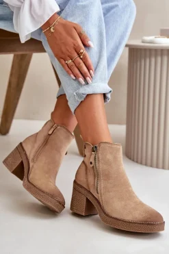 Hot Ocieplane Botki Damskie Na Słupku Z Eko Zamszu Beżowe Velarilla Damskie Botki Ocieplane|Brązowe I Beżowe Botki