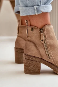 Hot Ocieplane Botki Damskie Na Słupku Z Eko Zamszu Beżowe Velarilla Damskie Botki Ocieplane|Brązowe I Beżowe Botki