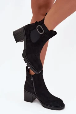 Botki Na Słupku|Botki Ocieplane>Boto Ocieplane Botki Damskie Na Słupku Z Ozdobną Klamrą Czarne Melara
