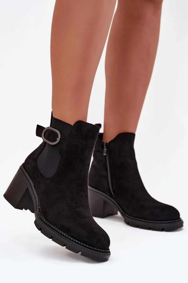 Botki Na Słupku|Botki Ocieplane>Boto Ocieplane Botki Damskie Na Słupku Z Ozdobną Klamrą Czarne Melara