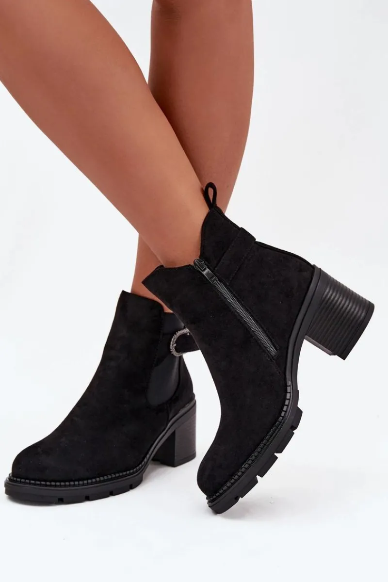 Botki Na Słupku|Botki Ocieplane>Boto Ocieplane Botki Damskie Na Słupku Z Ozdobną Klamrą Czarne Melara