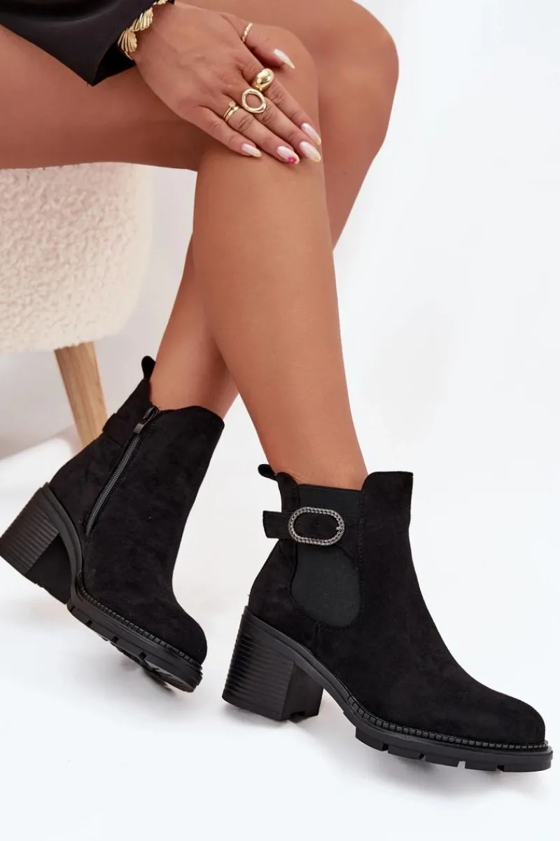 Botki Na Słupku|Botki Ocieplane>Boto Ocieplane Botki Damskie Na Słupku Z Ozdobną Klamrą Czarne Melara