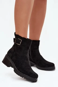 Ocieplane Botki Damskie Na Niskim Obcasie Klocku Z Klamrą Czarne Helvina Damskie Botki Ocieplane|Brązowe I Beżowe Botki