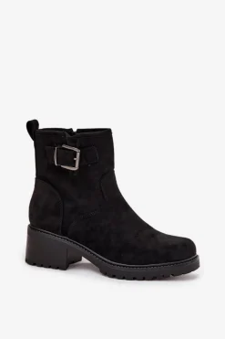 Ocieplane Botki Damskie Na Niskim Obcasie Klocku Z Klamrą Czarne Helvina Damskie Botki Ocieplane|Brązowe I Beżowe Botki