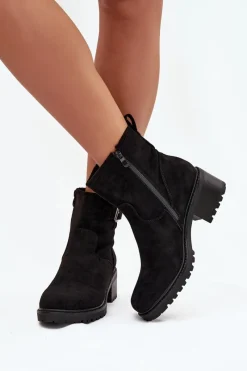 Ocieplane Botki Damskie Na Niskim Obcasie Klocku Z Klamrą Czarne Helvina Damskie Botki Ocieplane|Brązowe I Beżowe Botki