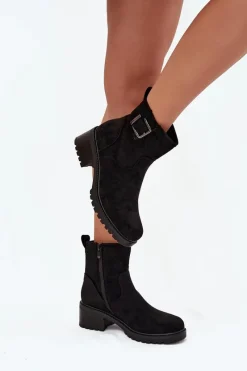 Ocieplane Botki Damskie Na Niskim Obcasie Klocku Z Klamrą Czarne Helvina Damskie Botki Ocieplane|Brązowe I Beżowe Botki