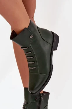 New Ocieplane Botki Damskie Na Płaskim Obcasie Zielone Labise Damskie Botki Ocieplane|Czarne Botki