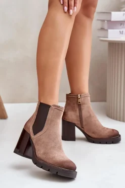 Clearance Buty damskie Vinceza Ocieplane Botki Damskie Na Słupku Z Eko Zamszu Vinceza 58356 Beżowe Beżowy