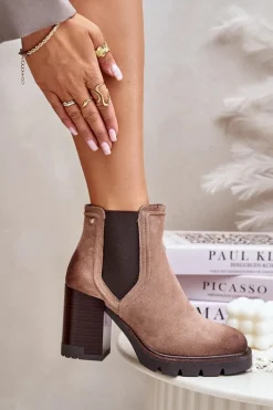 Clearance Buty damskie Vinceza Ocieplane Botki Damskie Na Słupku Z Eko Zamszu Vinceza 58356 Beżowe Beżowy