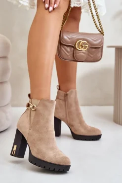 Outlet Ocieplane Botki Damskie Na Wysokim Obcasie Słupku Beżowe Terisanna Damskie Botki Na Obcasie|Botki Zamszowe