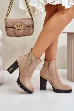 Outlet Ocieplane Botki Damskie Na Wysokim Obcasie Słupku Beżowe Terisanna Damskie Botki Na Obcasie|Botki Zamszowe