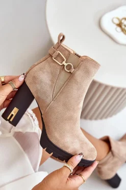 Outlet Ocieplane Botki Damskie Na Wysokim Obcasie Słupku Beżowe Terisanna Damskie Botki Na Obcasie|Botki Zamszowe