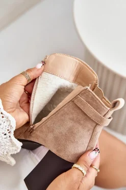 Outlet Ocieplane Botki Damskie Na Wysokim Obcasie Słupku Beżowe Terisanna Damskie Botki Na Obcasie|Botki Zamszowe