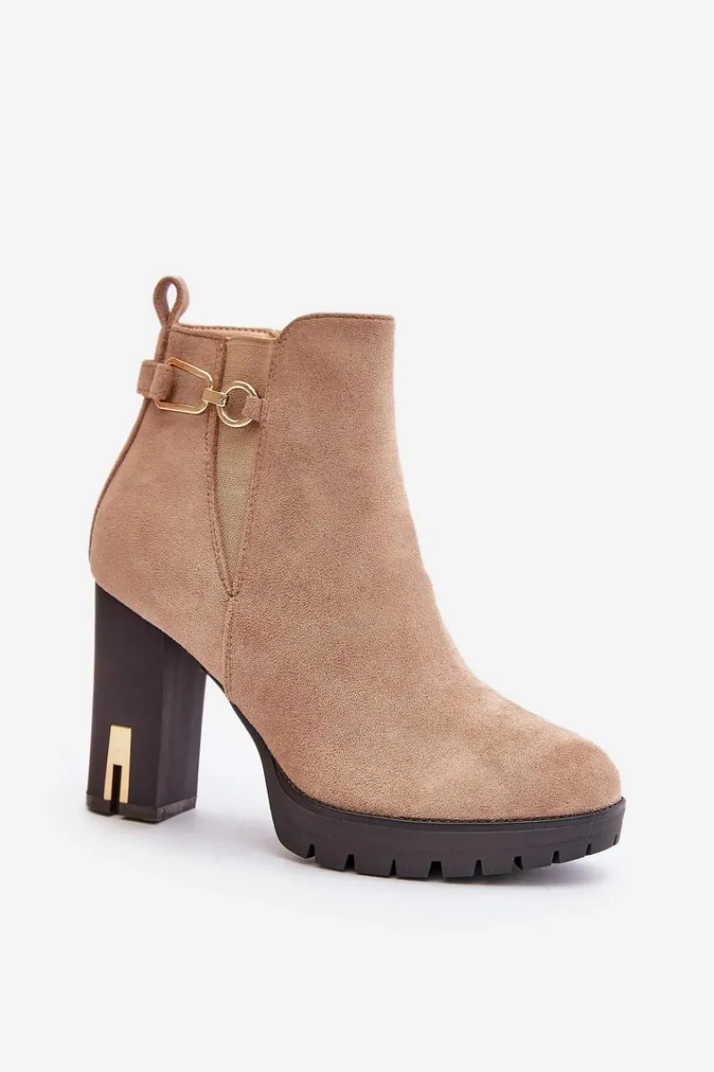 Outlet Ocieplane Botki Damskie Na Wysokim Obcasie Słupku Beżowe Terisanna Damskie Botki Na Obcasie|Botki Zamszowe