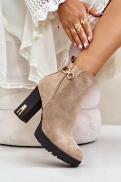 Outlet Ocieplane Botki Damskie Na Wysokim Obcasie Słupku Beżowe Terisanna Damskie Botki Na Obcasie|Botki Zamszowe