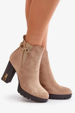 Outlet Ocieplane Botki Damskie Na Wysokim Obcasie Słupku Beżowe Terisanna Damskie Botki Na Obcasie|Botki Zamszowe