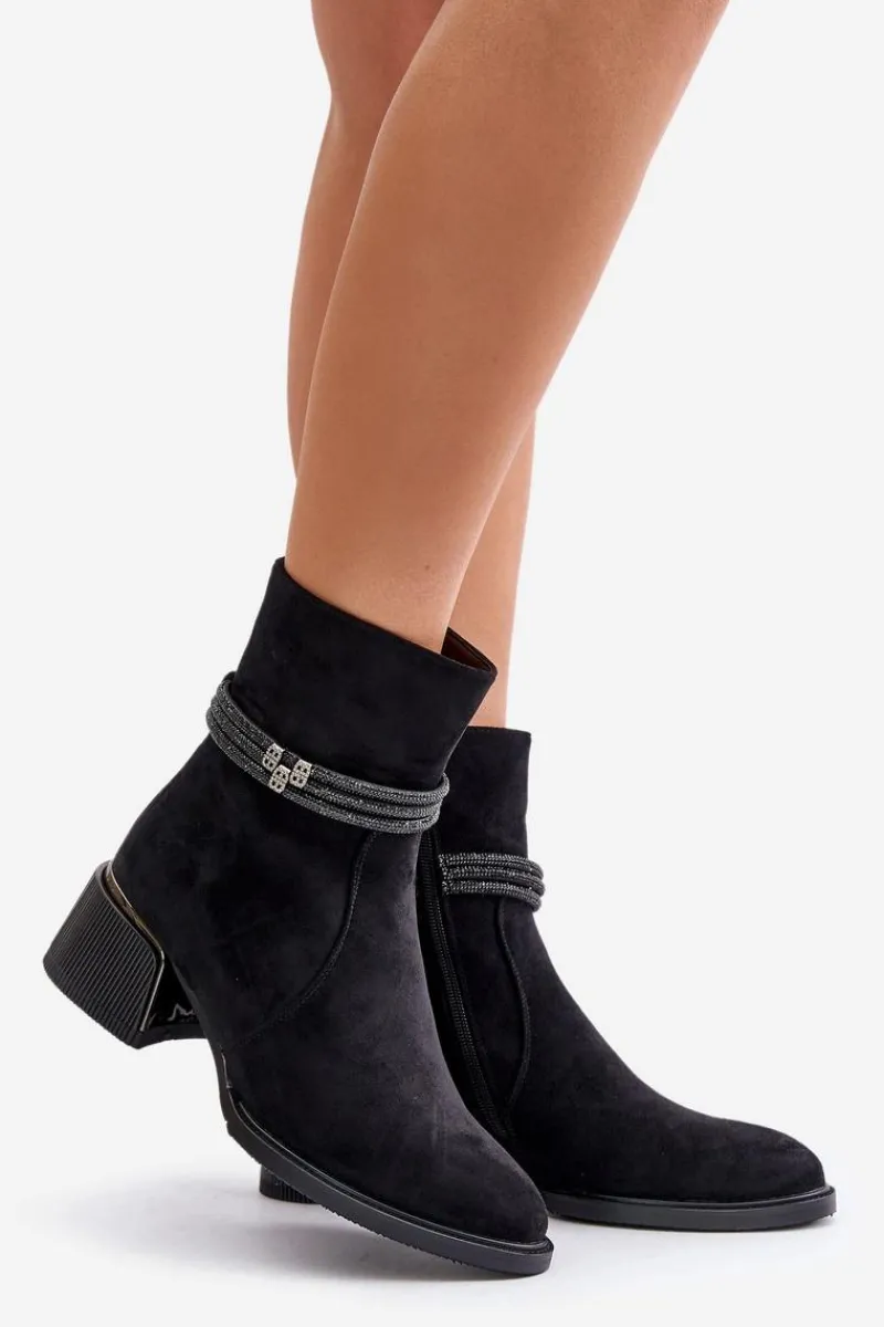 Botki Ocieplane|Botki Na Obcasie>Damskie buty S.Barski Ocieplane Botki Damskie Na Niskim Obcasie Z Ozdobnymi Paskami D&A MR880-027 Czarne