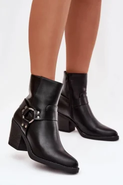 Best Ocieplane Botki Damskie Na Słupku Z Ozdobnym Elementem Czarne Jurelle Damskie Botki Ocieplane|Botki Skórzane
