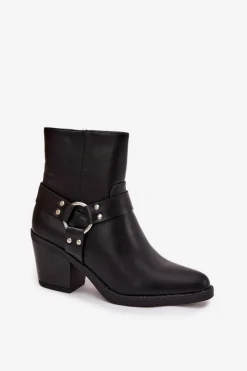 Best Ocieplane Botki Damskie Na Słupku Z Ozdobnym Elementem Czarne Jurelle Damskie Botki Ocieplane|Botki Skórzane