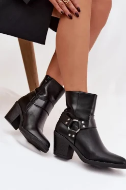 Best Ocieplane Botki Damskie Na Słupku Z Ozdobnym Elementem Czarne Jurelle Damskie Botki Ocieplane|Botki Skórzane