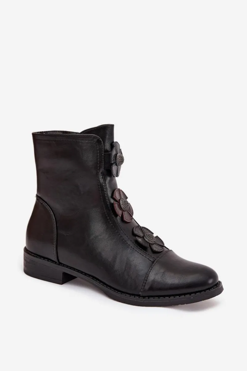 Outlet Boto Ocieplane Botki Damskie Na Płaskim Obcasie Z Ozdobnymi Kwiatkami Czarne Pravienne Czarny