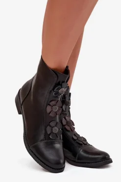 Outlet Boto Ocieplane Botki Damskie Na Płaskim Obcasie Z Ozdobnymi Kwiatkami Czarne Pravienne Czarny